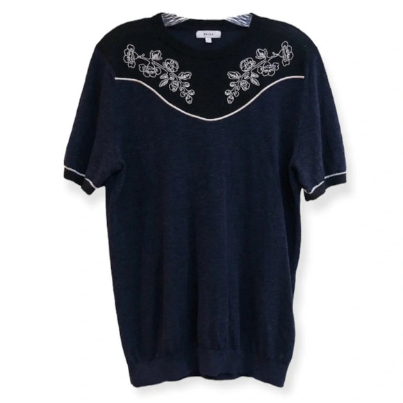Reiss Navy Linen Blend Floral Embroidered Short Sleeve Designer Knit Top Small - Picture 1 of 9
